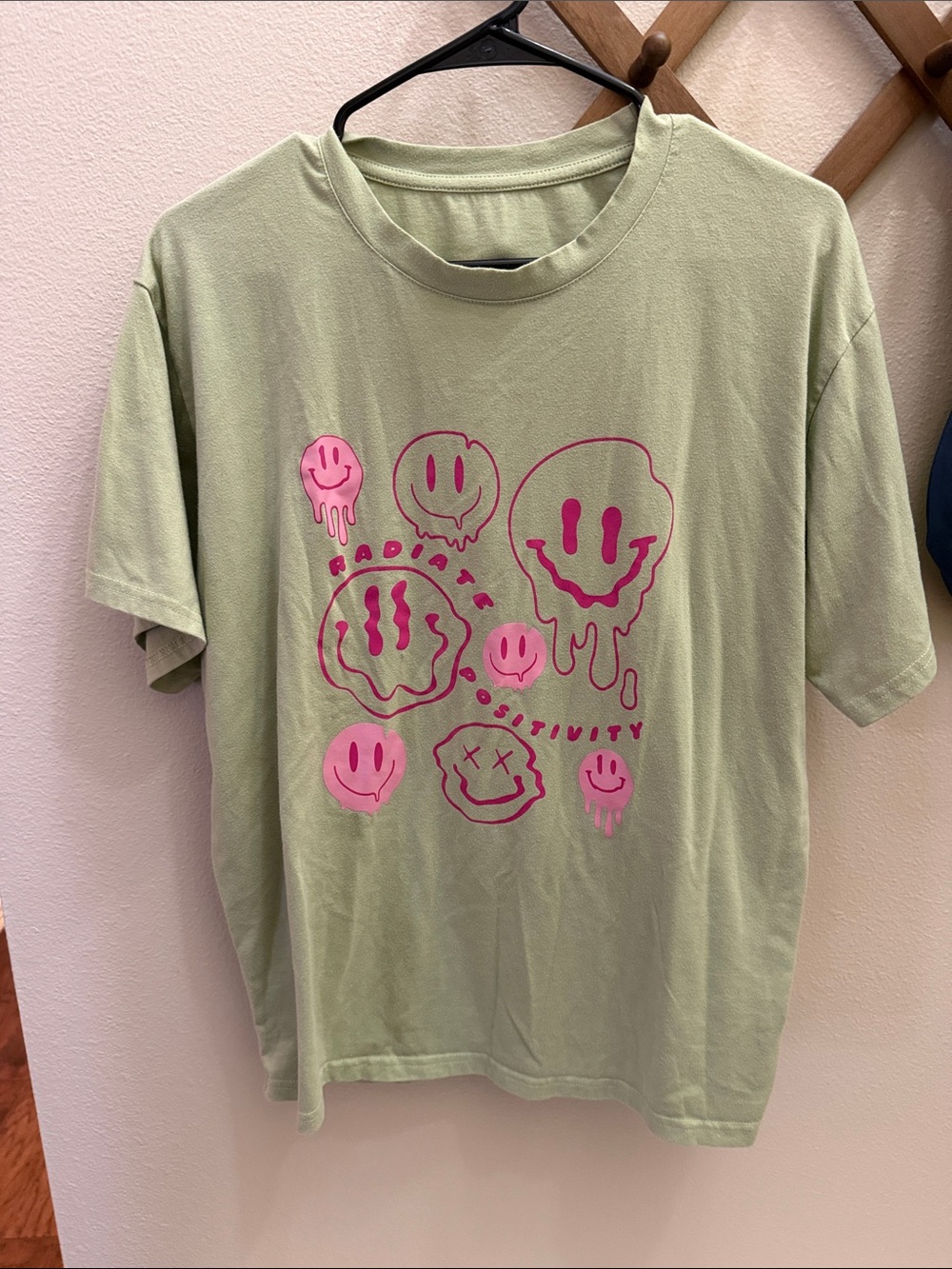 Sage Green Graphic T‑Shirt with Pink Smiley Prints